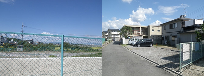 道路を挟んだ河川をまたいで田園風景が広がる景色と、一見狭く見えるが、空間を作れる