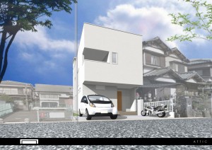 シンプルモダンな三階建ての外観パース